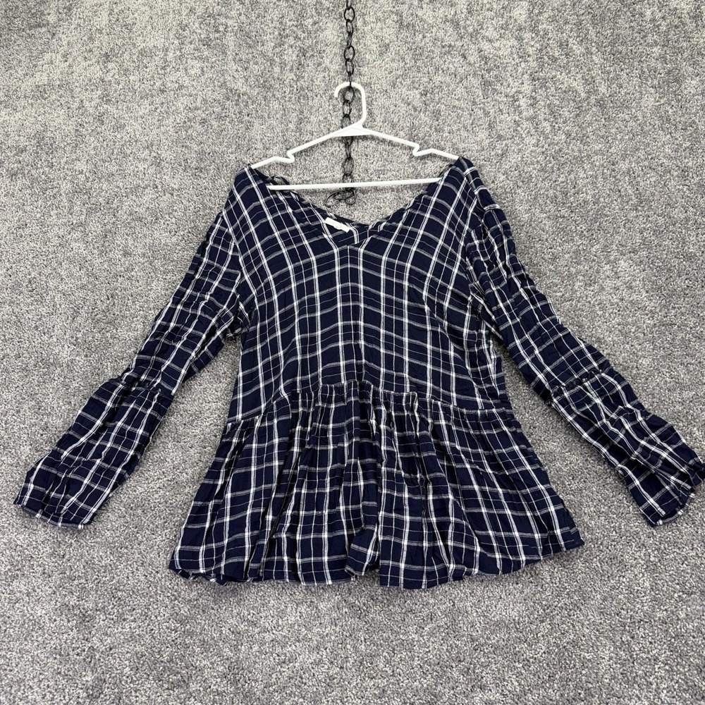 Maurices Top Womens XL Blue Plaid Ruffle Peplum Hem Bell Sleeve Tunic Blouse